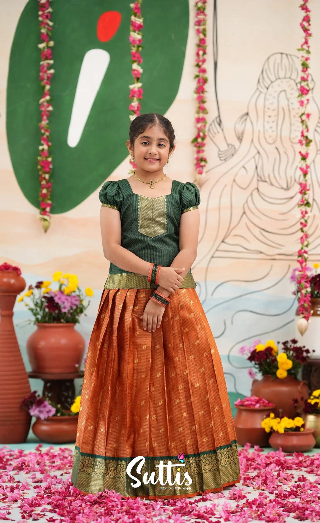 Organza Pavadai Sattai - Rust Orange and Dark Green - Kids-Suttis
