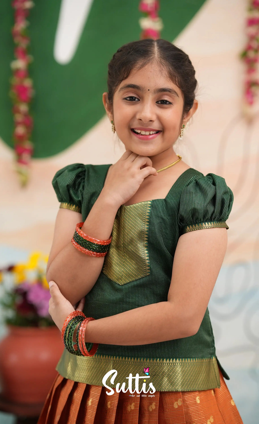 Organza Pavadai Sattai - Rust Orange and Dark Green - Kids-Suttis