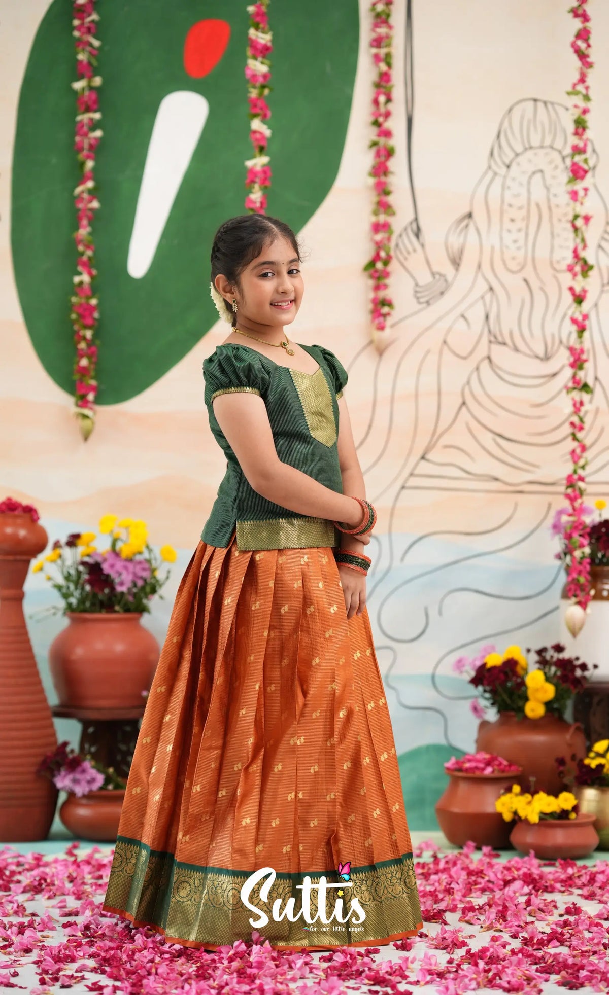 Organza Pavadai Sattai - Rust Orange and Dark Green - Kids-Suttis