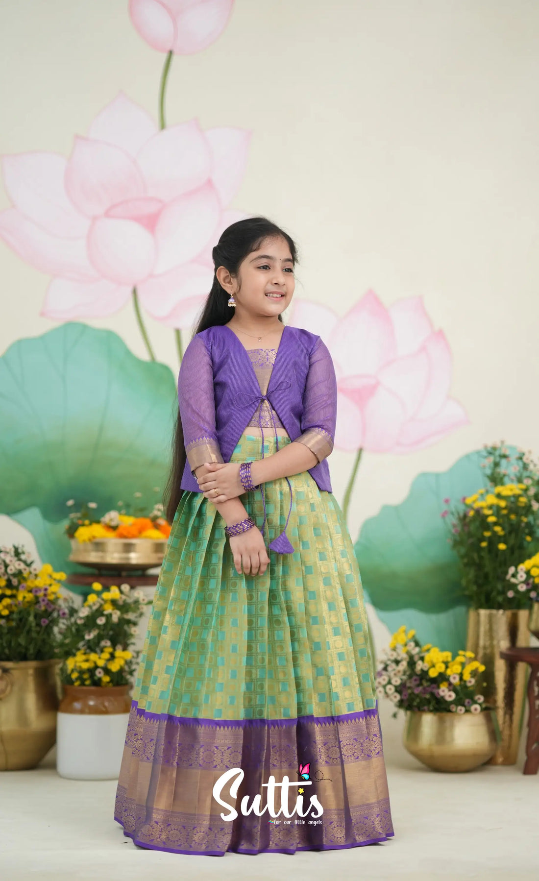 Organza Pavadai Sattai - Sea Green and Purple Kids-Suttis