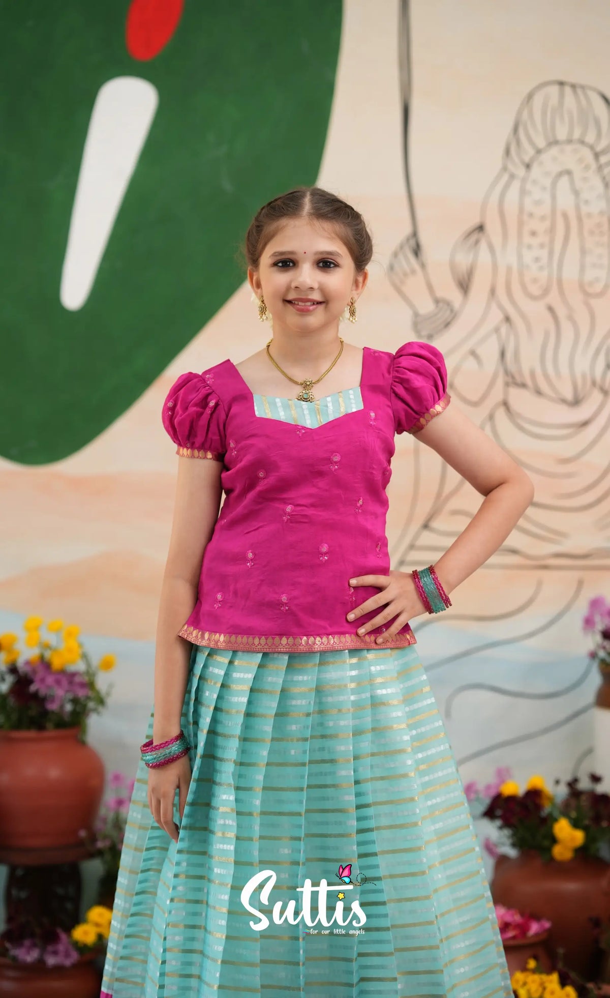 Organza Pavadai Sattai - Sky Blue and Rani Pink - Kids-Suttis