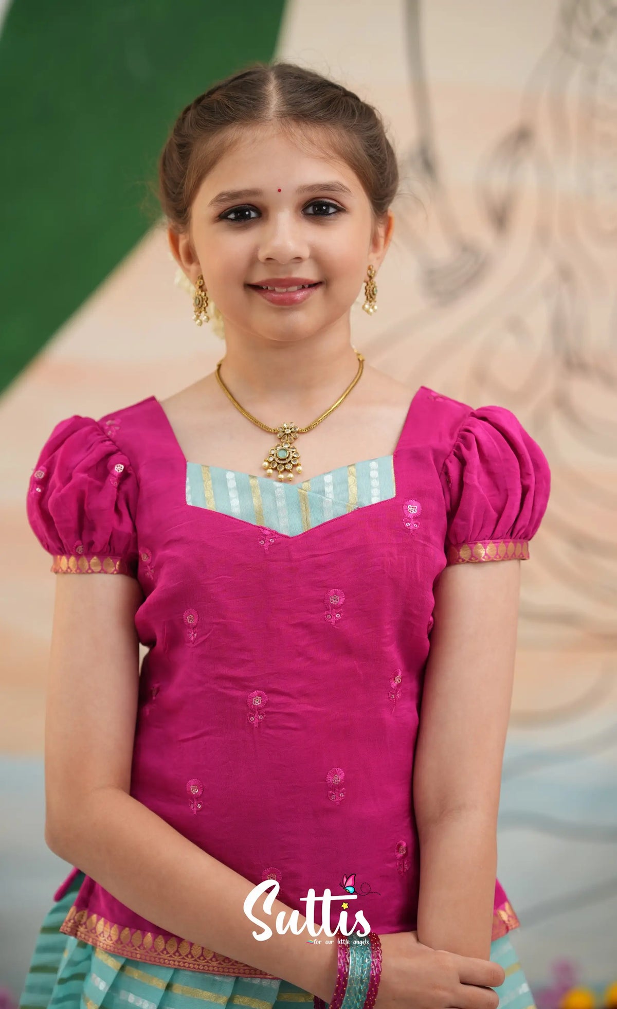 Organza Pavadai Sattai - Sky Blue and Rani Pink - Kids-Suttis