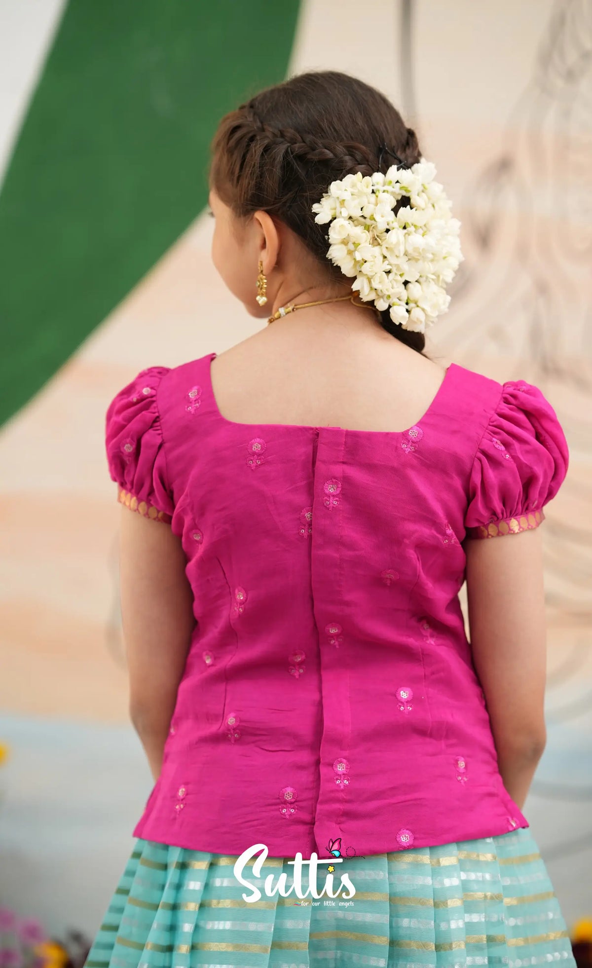 Organza Pavadai Sattai - Sky Blue and Rani Pink - Kids-Suttis