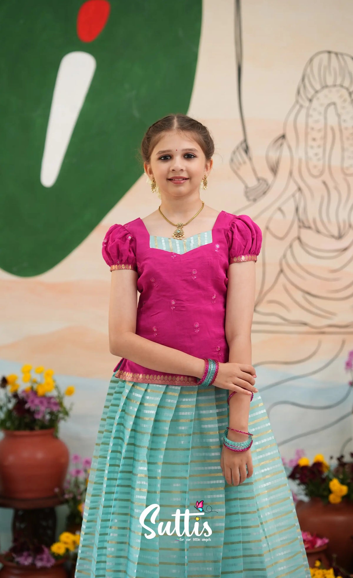 Organza Pavadai Sattai - Sky Blue and Rani Pink - Kids-Suttis