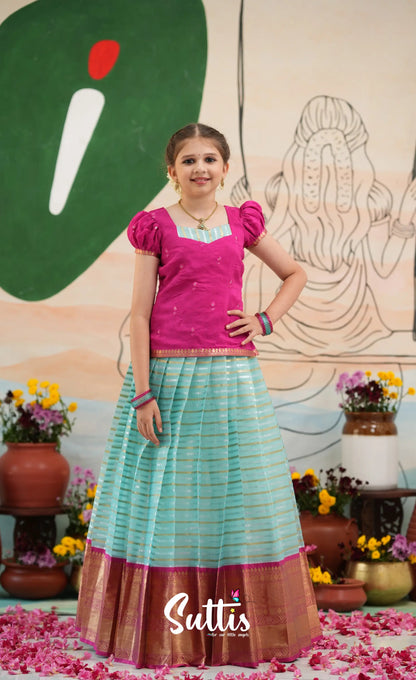 Organza Pavadai Sattai - Sky Blue and Rani Pink - Kids-Suttis