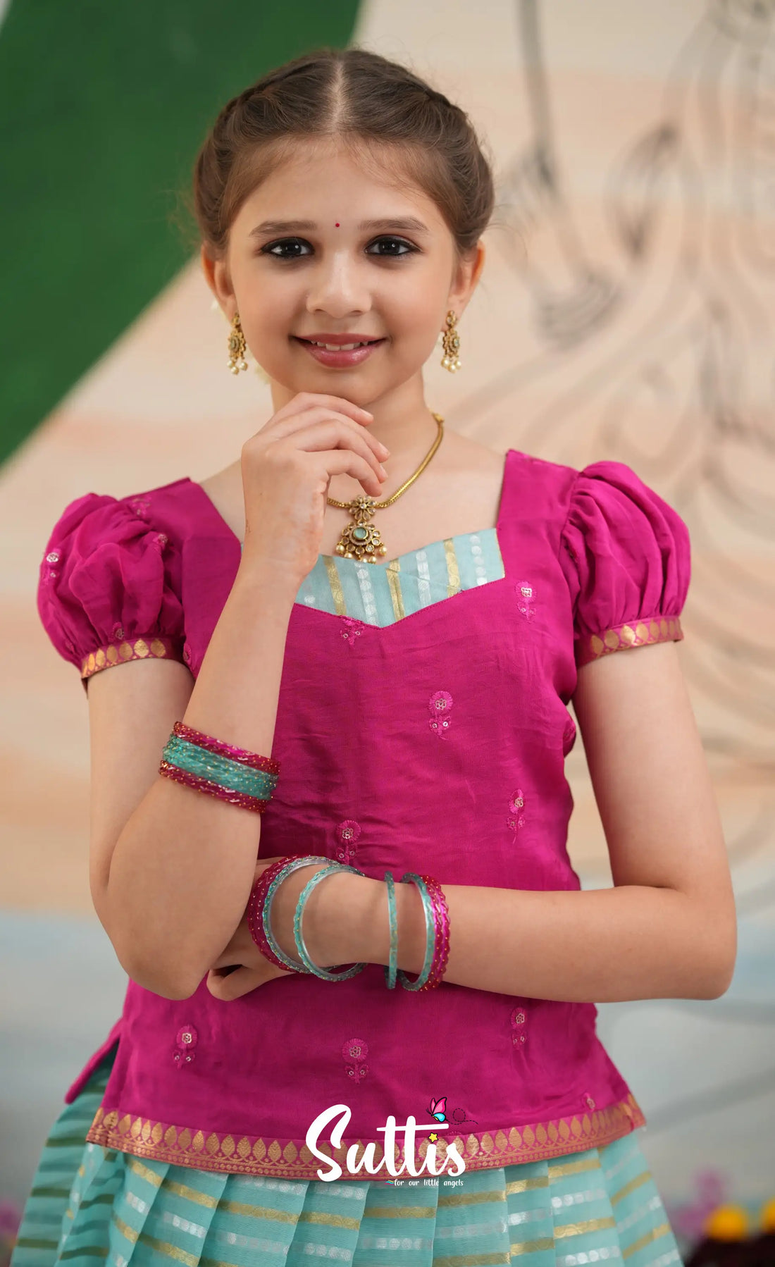 Organza Pavadai Sattai - Sky Blue and Rani Pink - Kids-Suttis