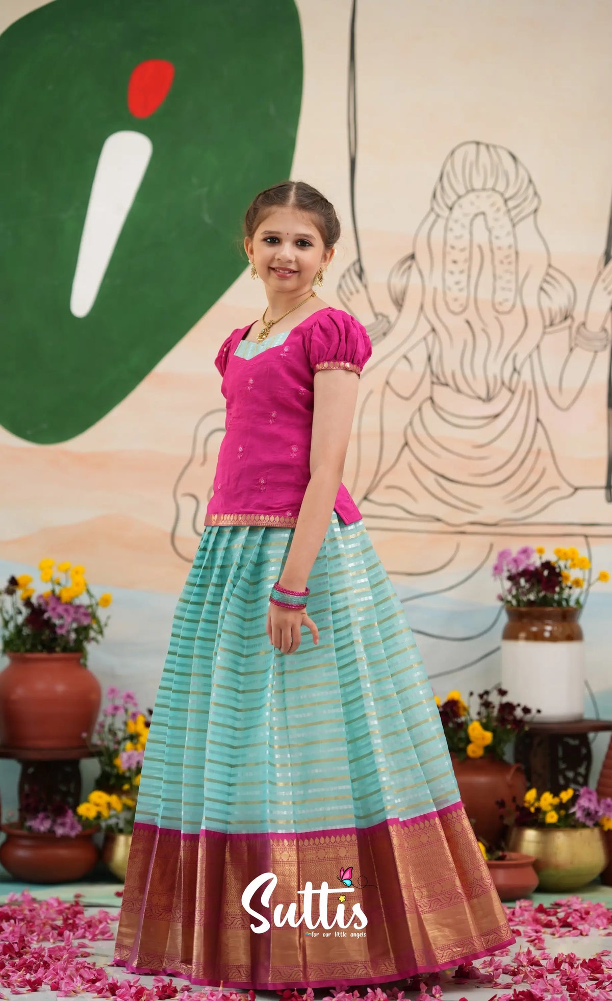 Organza Pavadai Sattai - Sky Blue and Rani Pink - Kids-Suttis