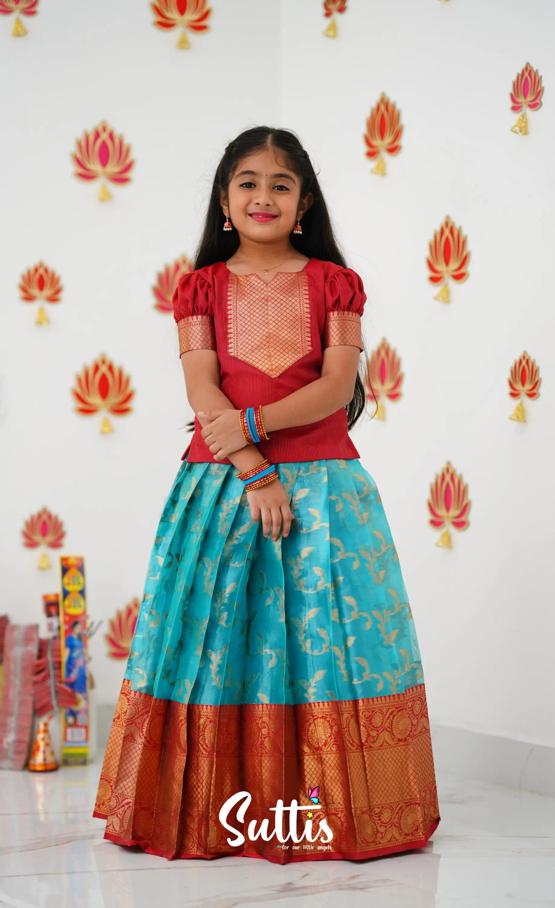 Organza Pavadai Sattai - Sky Blue And Red Kids-Suttis