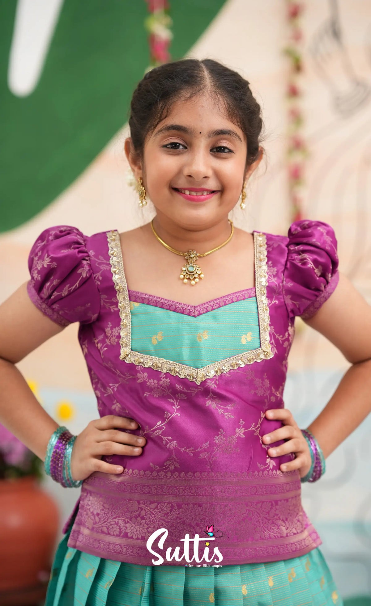 Organza Pavadai Sattai - Teal Blue and Purple - Kids-Suttis