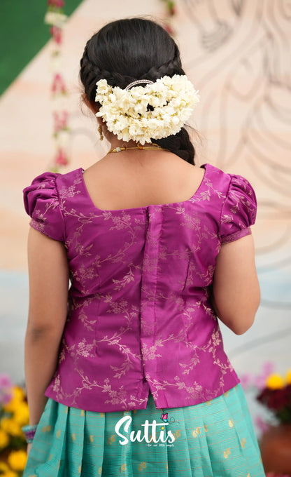 Organza Pavadai Sattai - Teal Blue and Purple - Kids-Suttis