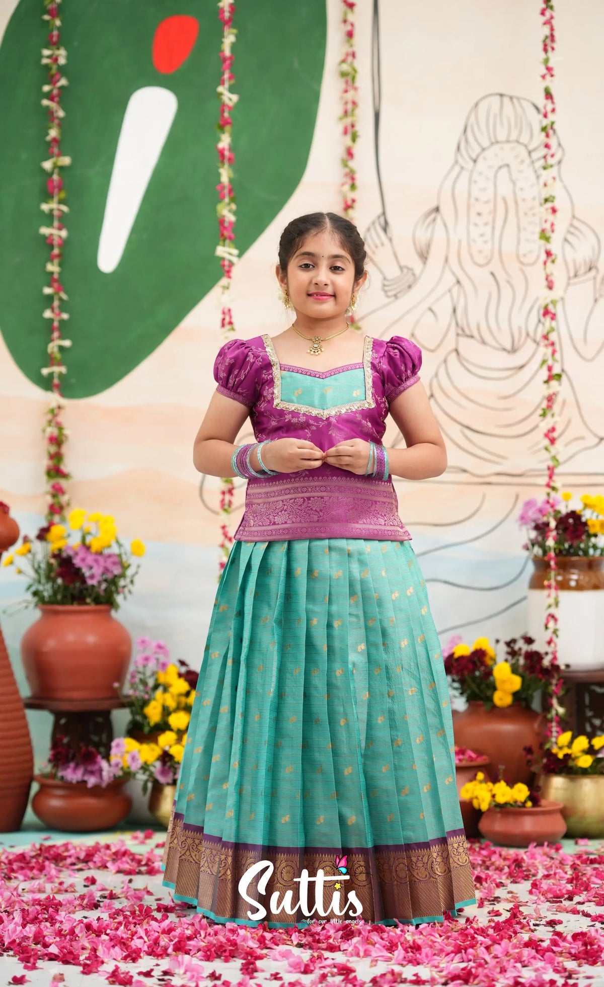 Organza Pavadai Sattai - Teal Blue and Purple - Kids-Suttis