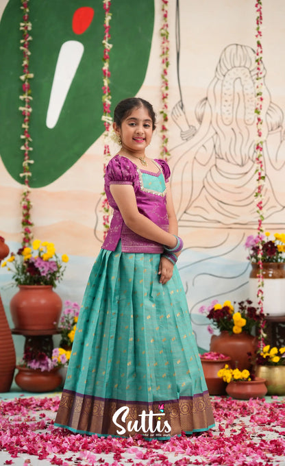Organza Pavadai Sattai - Teal Blue and Purple - Kids-Suttis