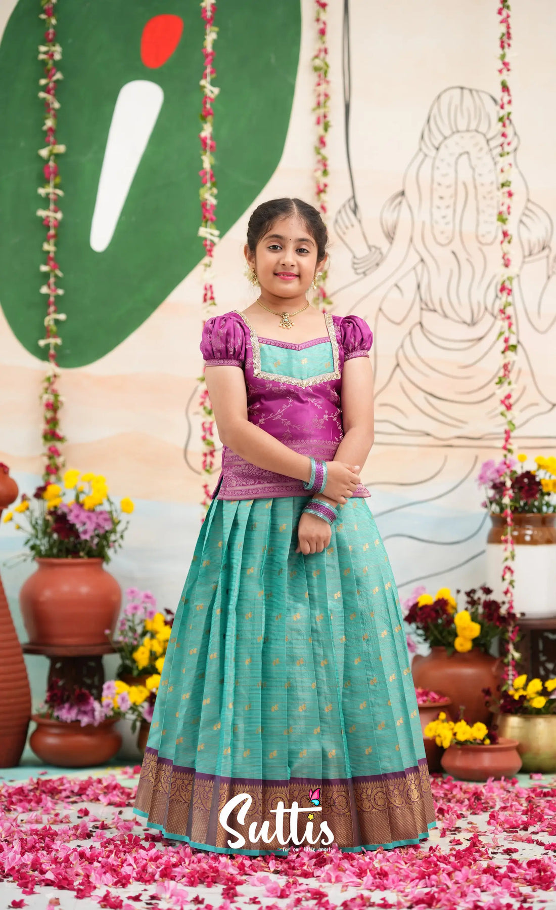Organza Pavadai Sattai - Teal Blue and Purple - Kids-Suttis