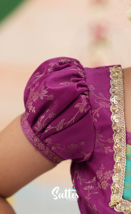 Organza Pavadai Sattai - Teal Blue and Purple - Kids-Suttis