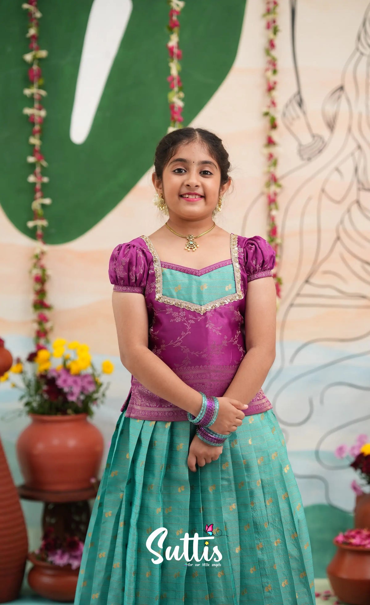 Organza Pavadai Sattai - Teal Blue and Purple - Kids-Suttis