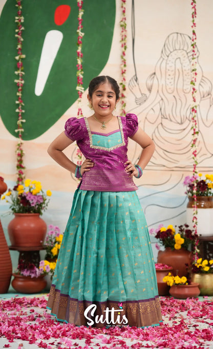 Organza Pavadai Sattai - Teal Blue and Purple - Kids-Suttis