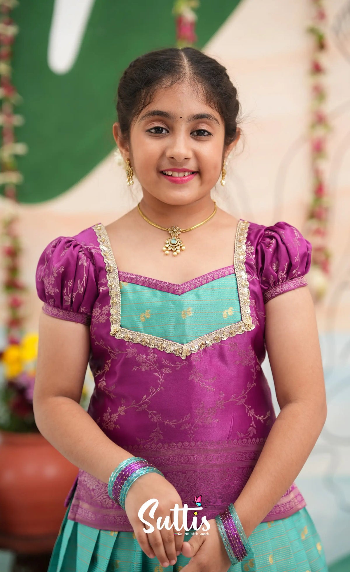 Organza Pavadai Sattai - Teal Blue and Purple - Kids-Suttis