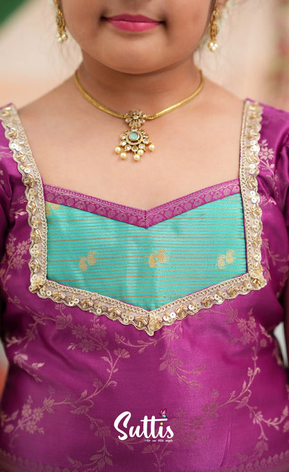 Organza Pavadai Sattai - Teal Blue and Purple - Kids-Suttis
