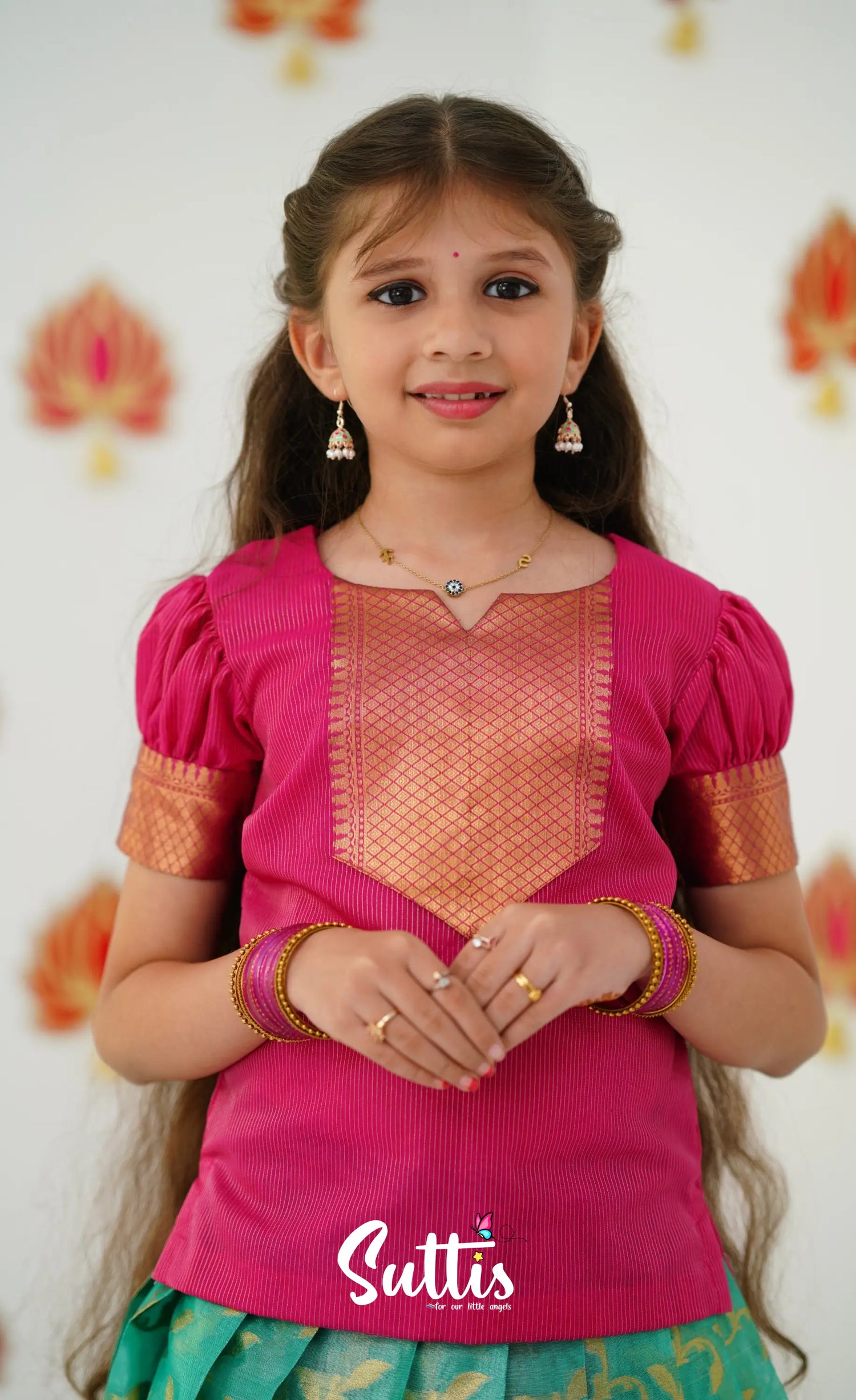 Organza Pavadai Sattai - Teal Green And Dark Pink Kids-Suttis