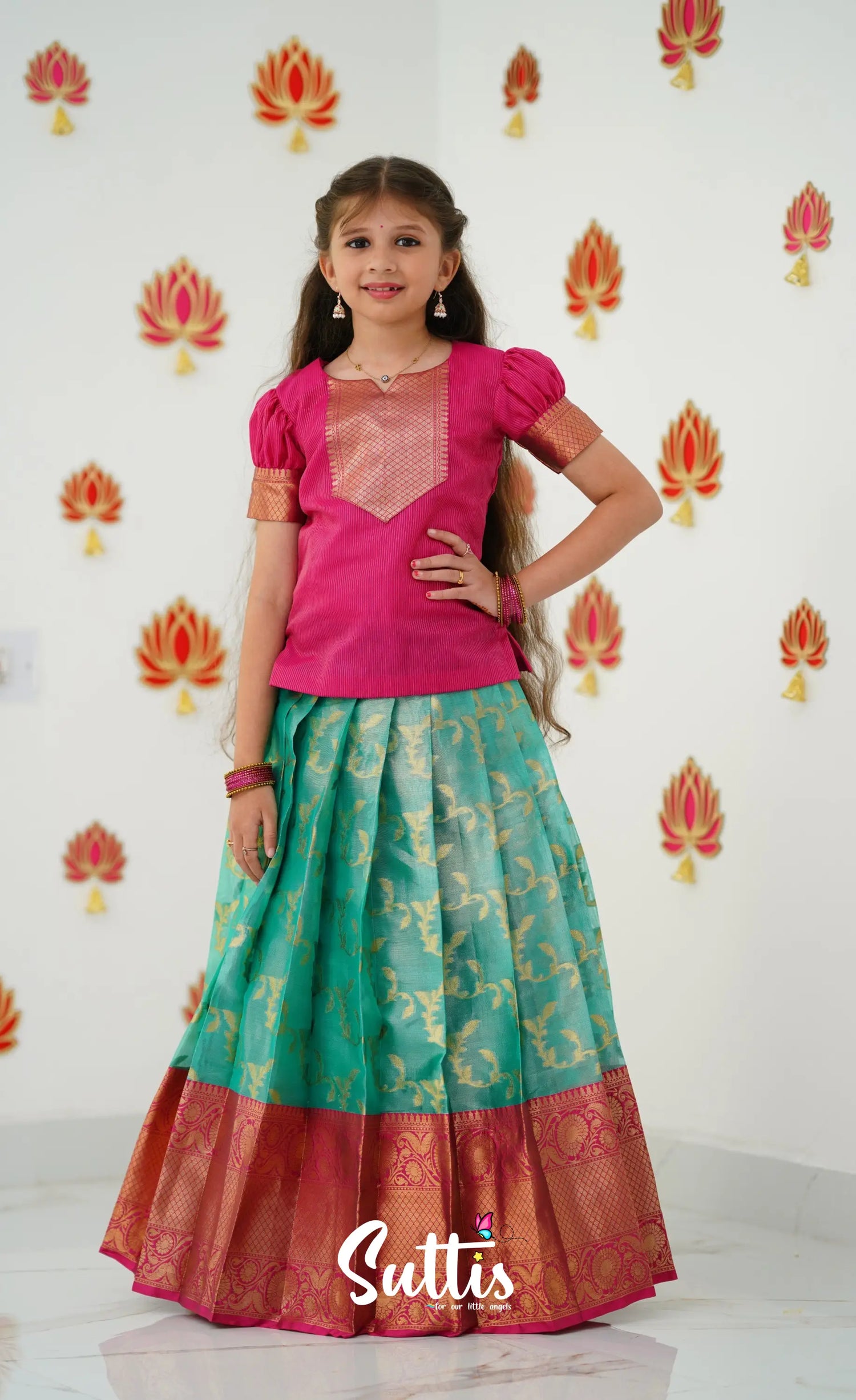 Organza Pavadai Sattai - Teal Green And Dark Pink Kids-Suttis