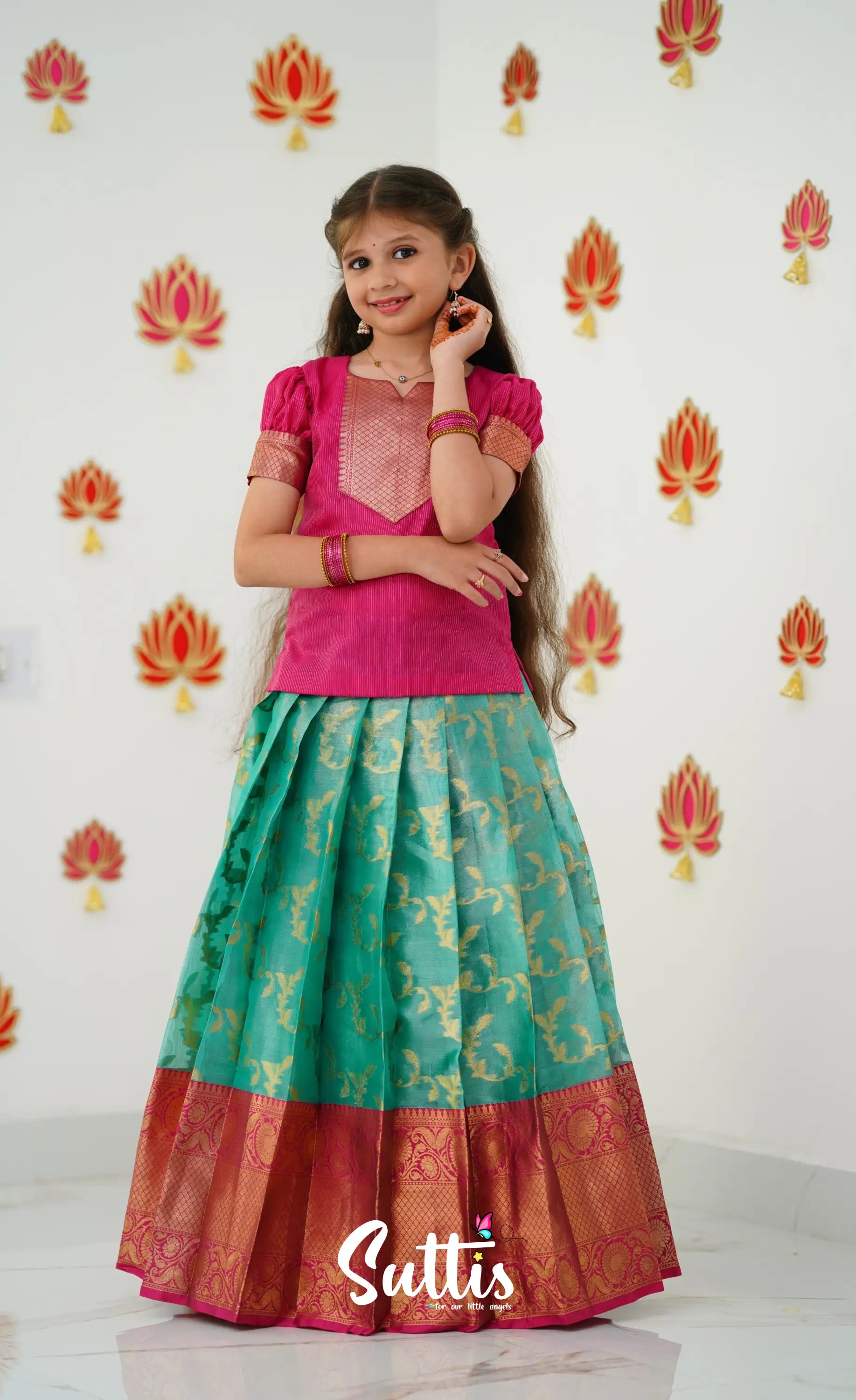 Organza Pavadai Sattai - Teal Green And Dark Pink Kids-Suttis