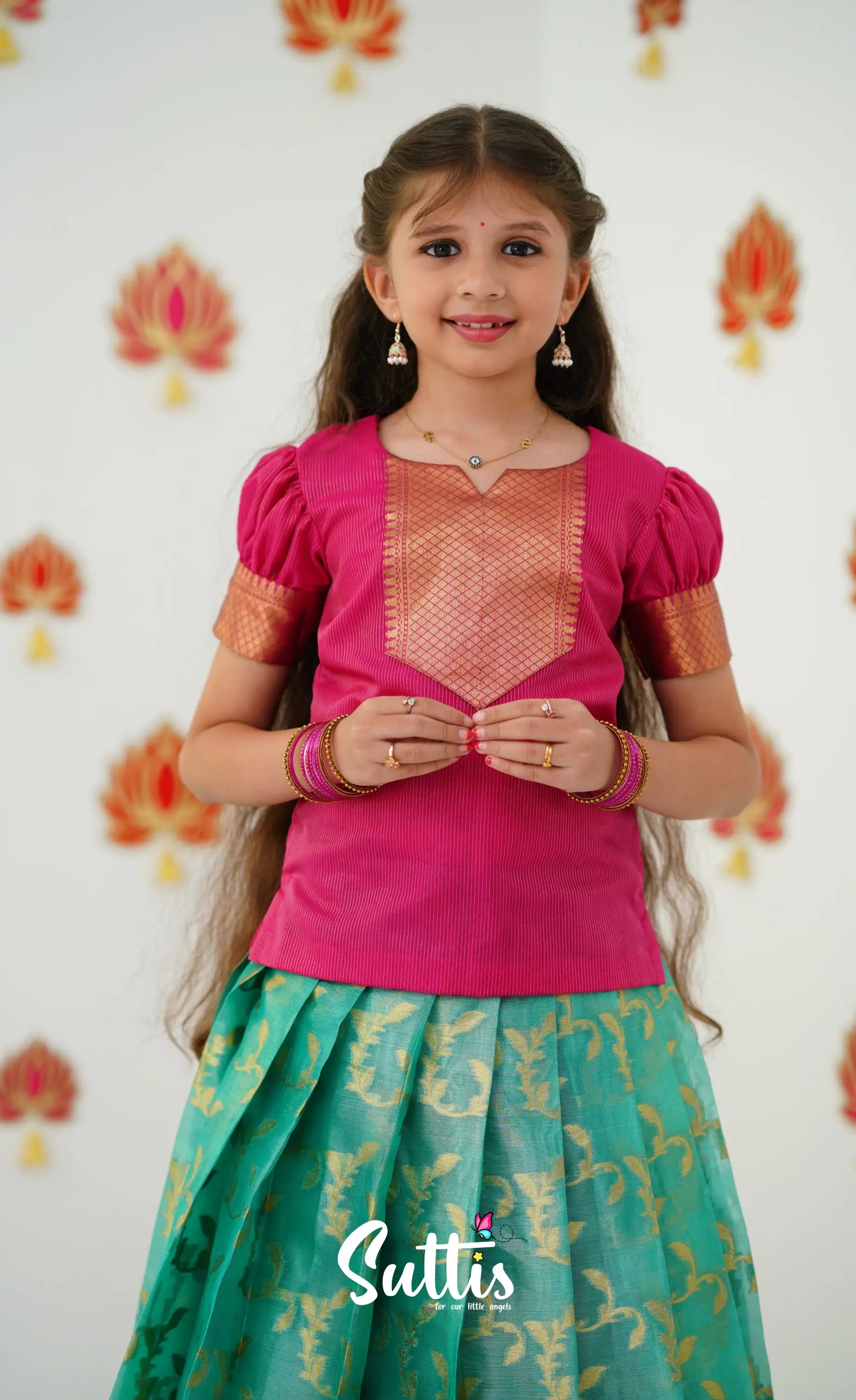 Organza Pavadai Sattai - Teal Green And Dark Pink Kids-Suttis