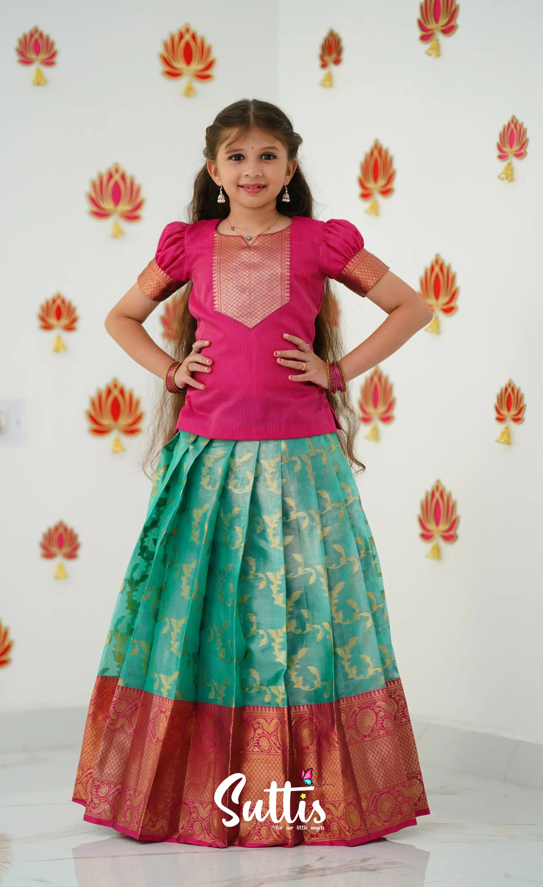 Organza Pavadai Sattai - Teal Green And Dark Pink Kids-Suttis