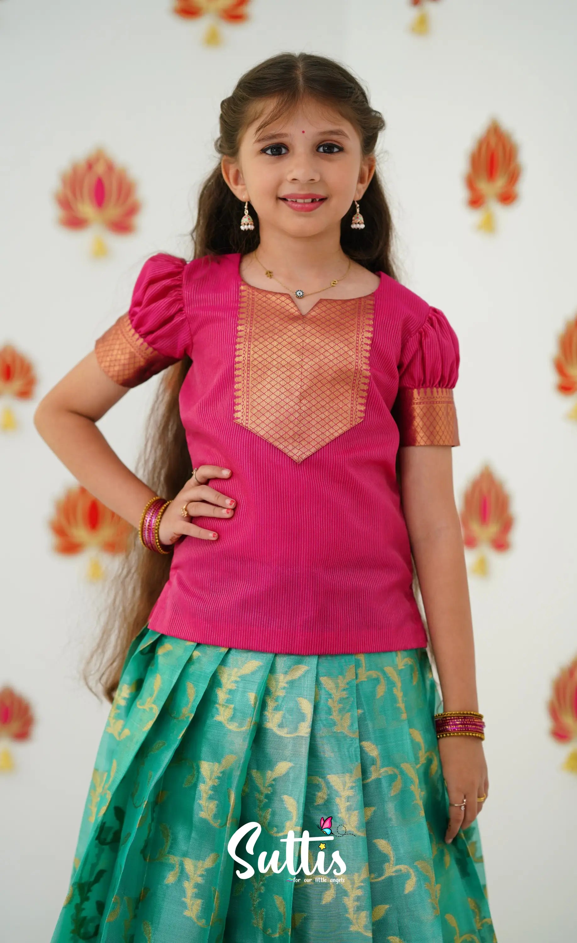 Organza Pavadai Sattai - Teal Green And Dark Pink Kids-Suttis