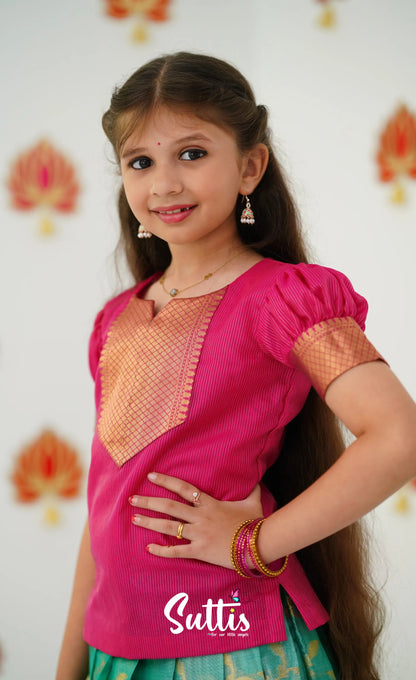 Organza Pavadai Sattai - Teal Green And Dark Pink Kids-Suttis