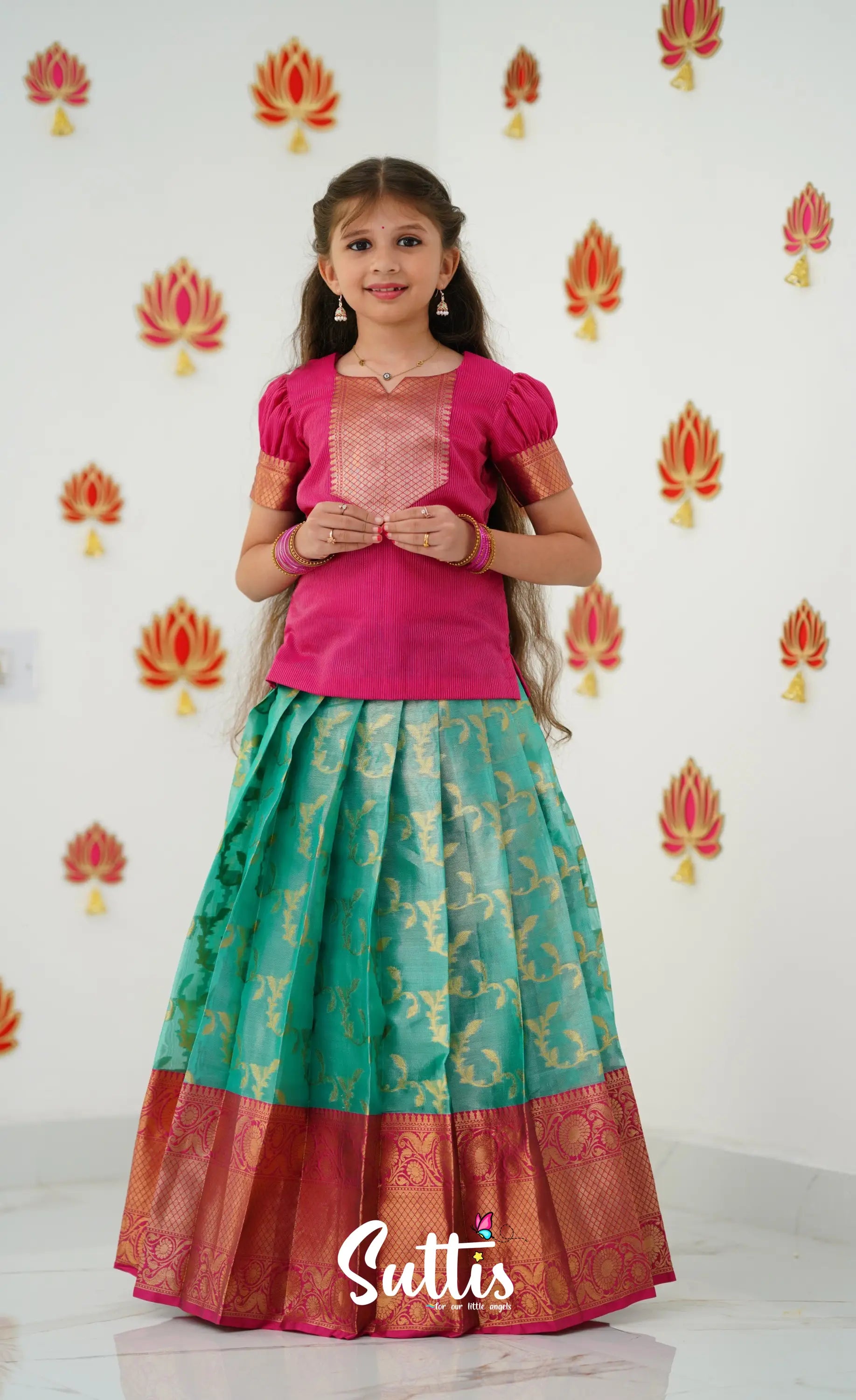 Organza Pavadai Sattai - Teal Green And Dark Pink Kids-Suttis