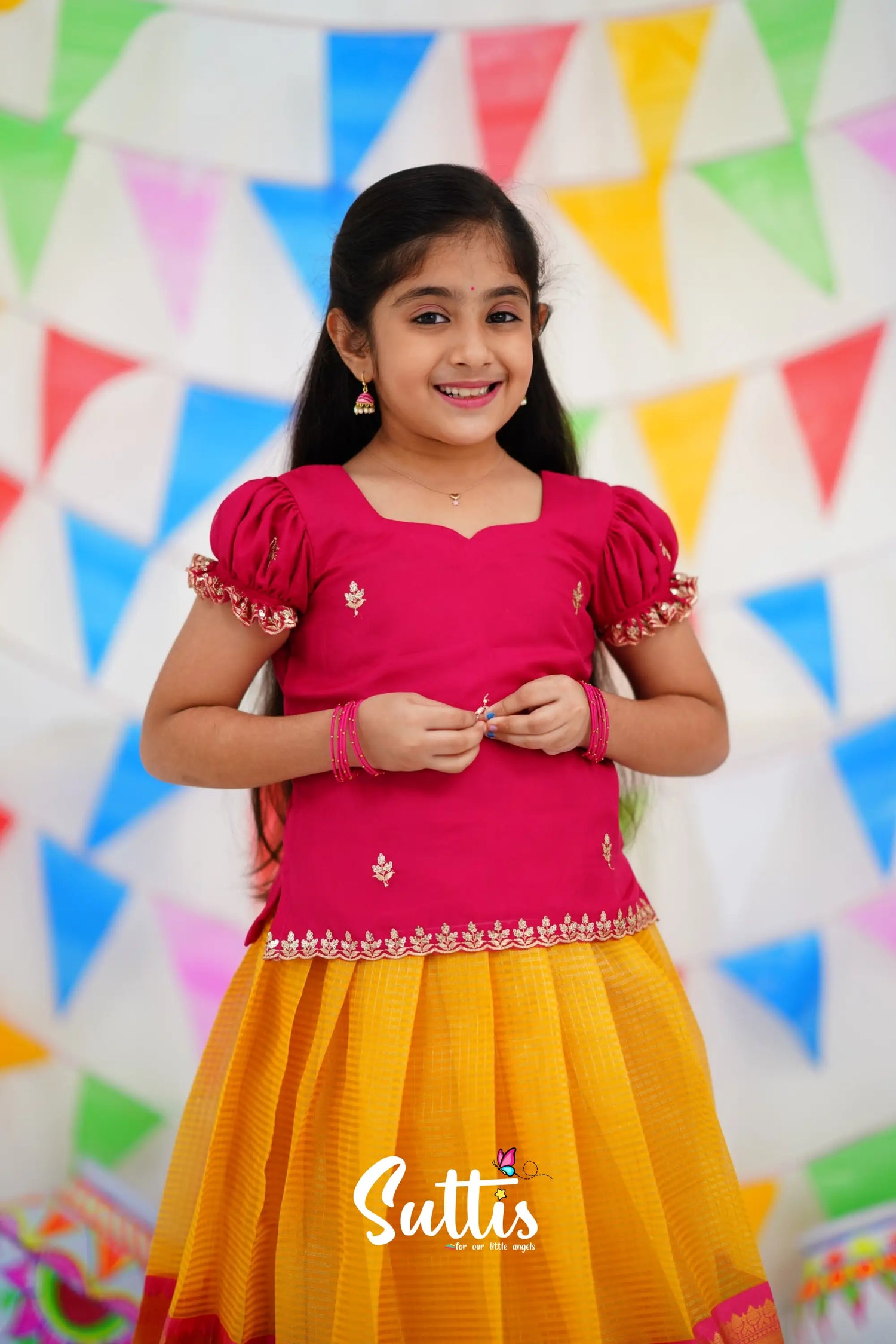 Organza Pavadai Sattai - Yellow And Pink Kids-Suttis