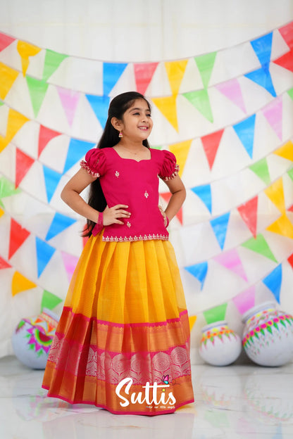 Organza Pavadai Sattai - Yellow And Pink Kids-Suttis