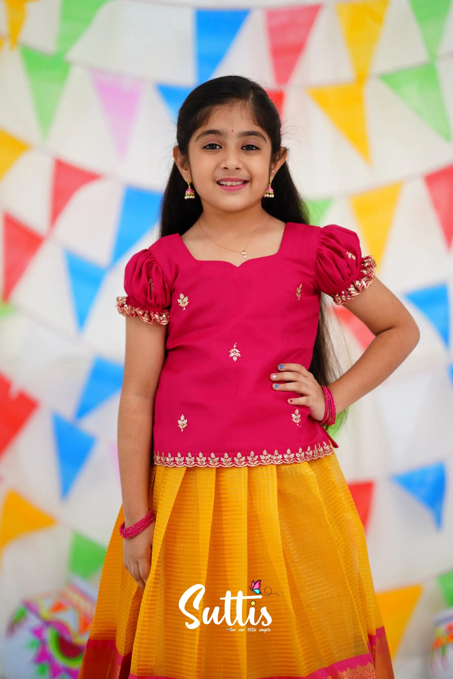 Organza Pavadai Sattai - Yellow And Pink Kids-Suttis