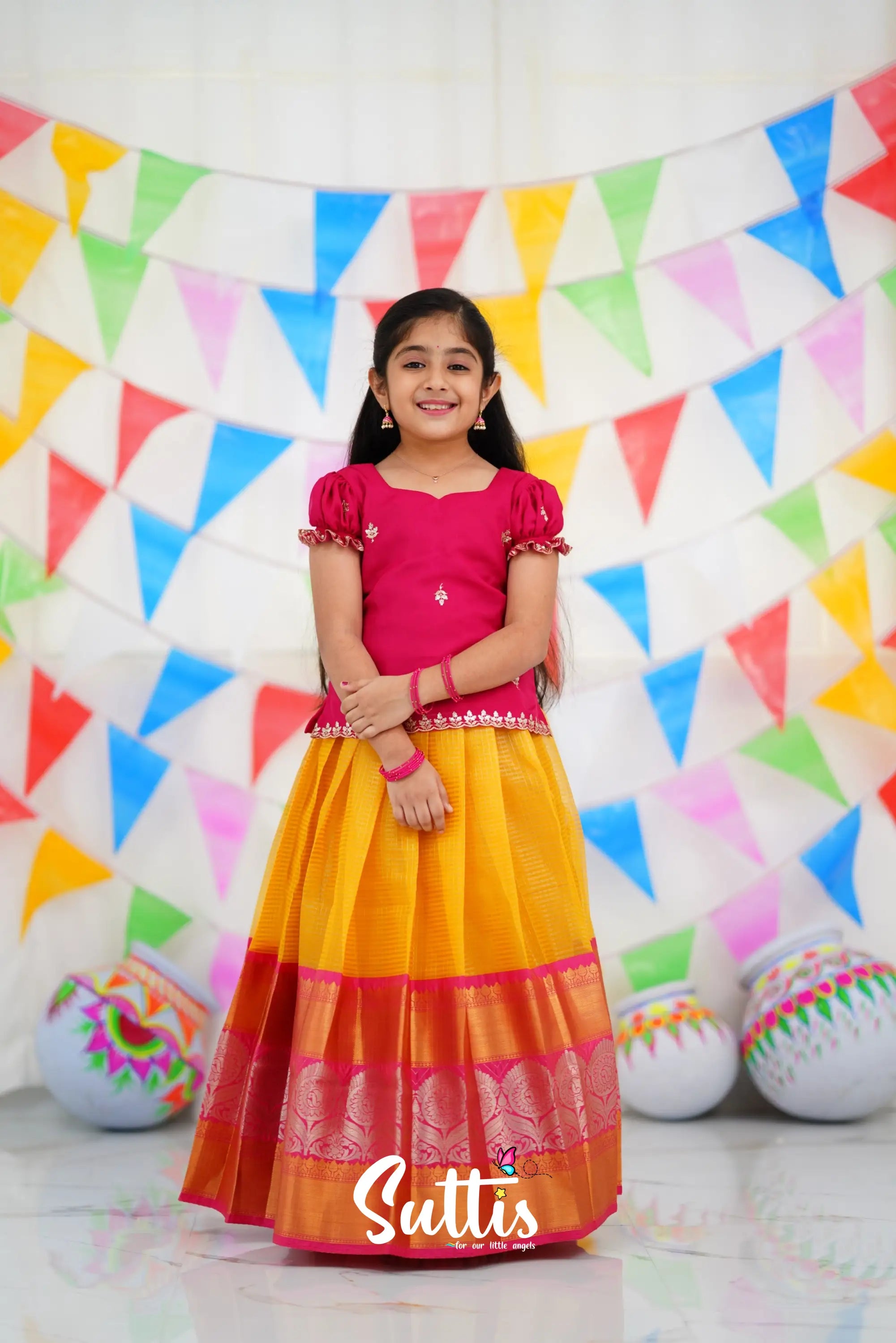 Organza Pavadai Sattai - Yellow And Pink Kids-Suttis