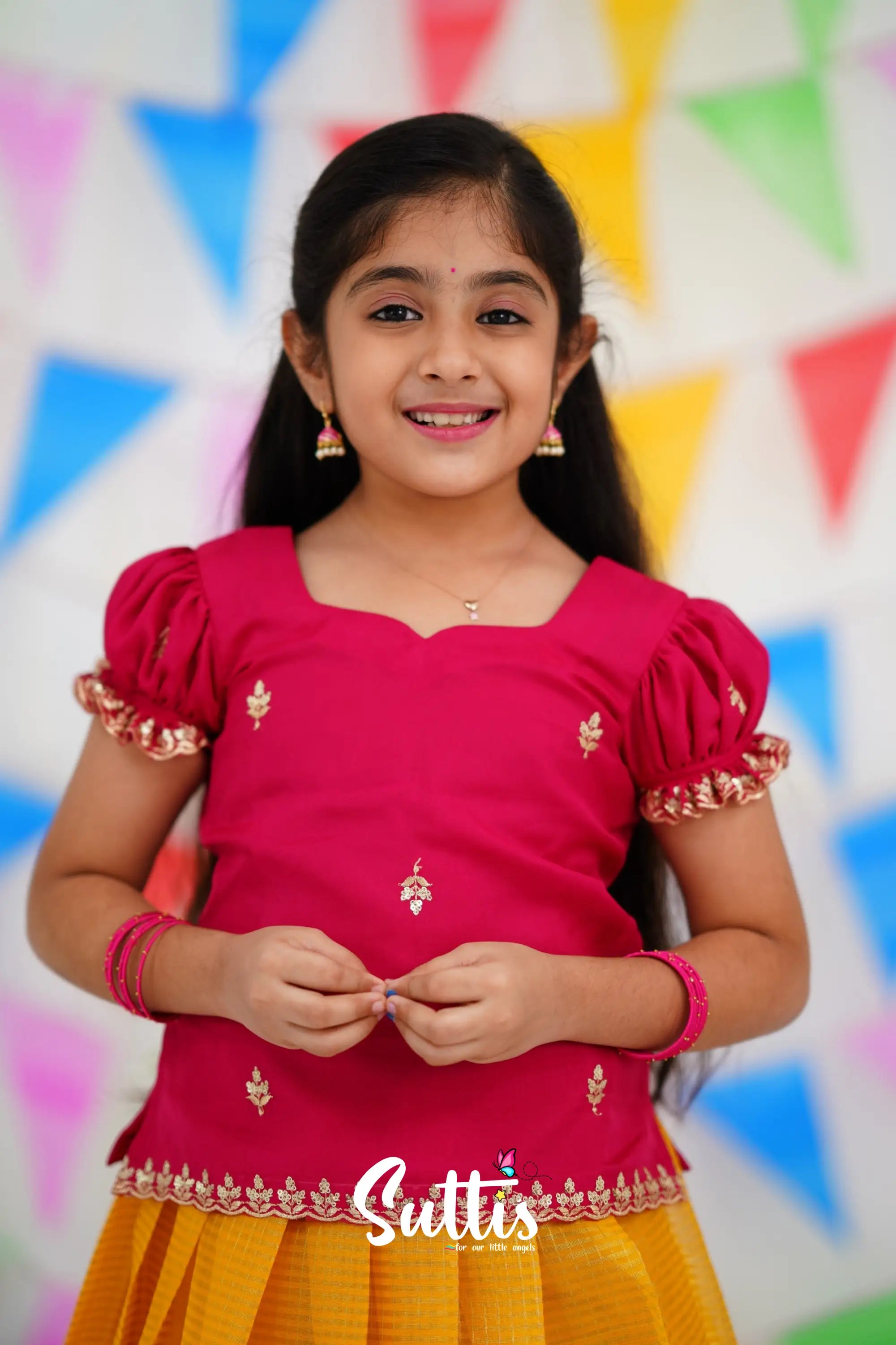 Organza Pavadai Sattai - Yellow And Pink Kids-Suttis