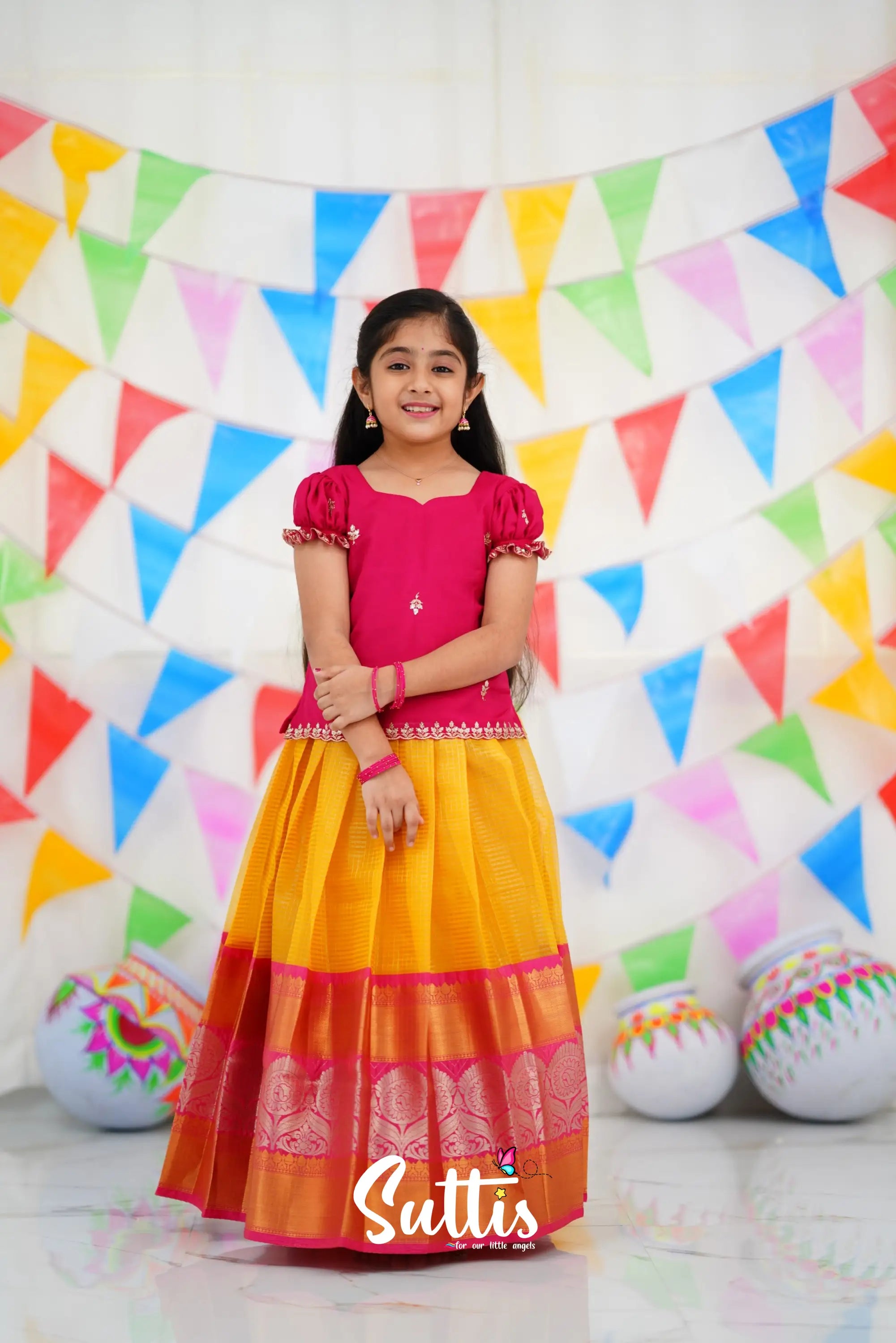 Organza Pavadai Sattai - Yellow And Pink Kids-Suttis