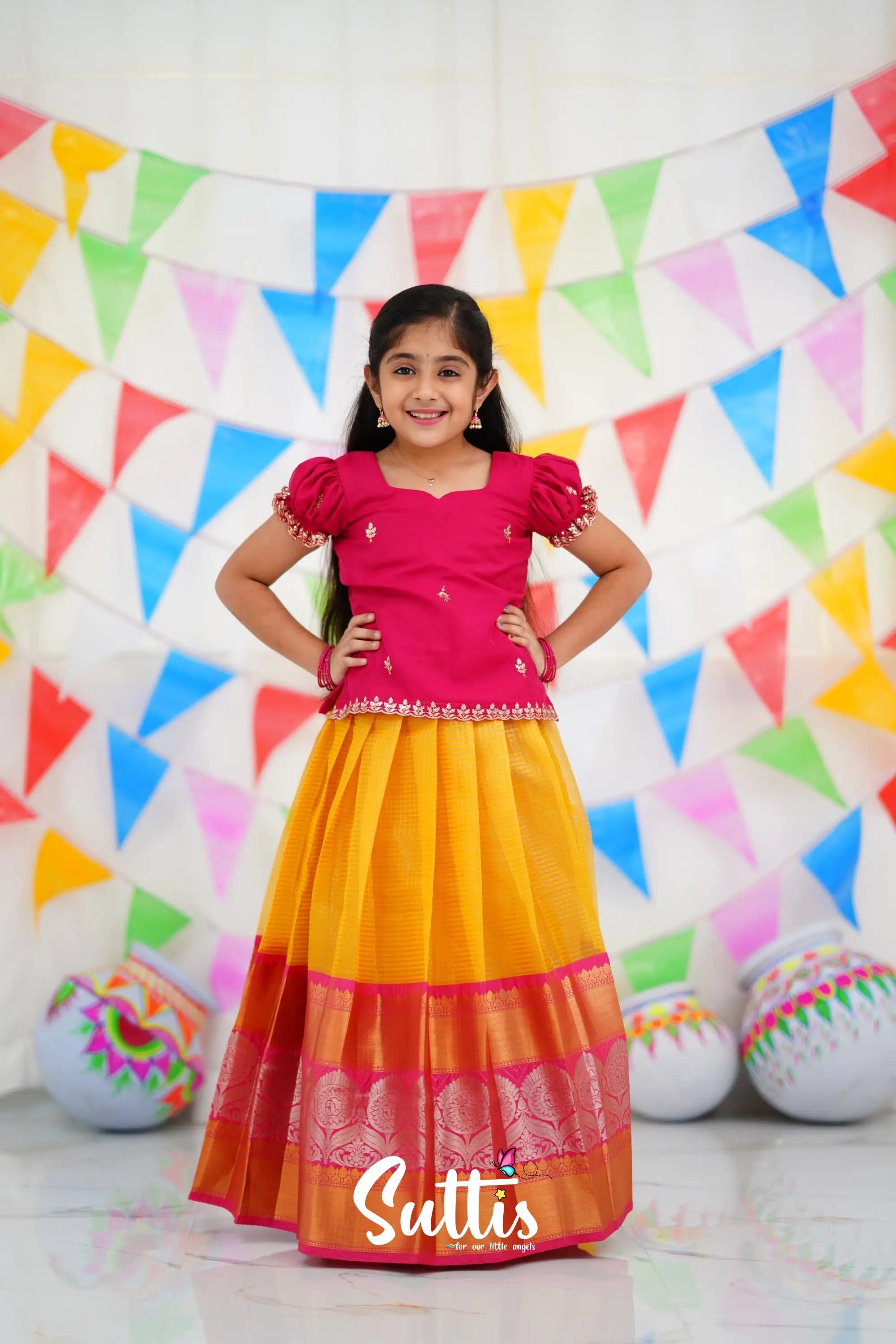 Organza Pavadai Sattai - Yellow And Pink Kids-Suttis