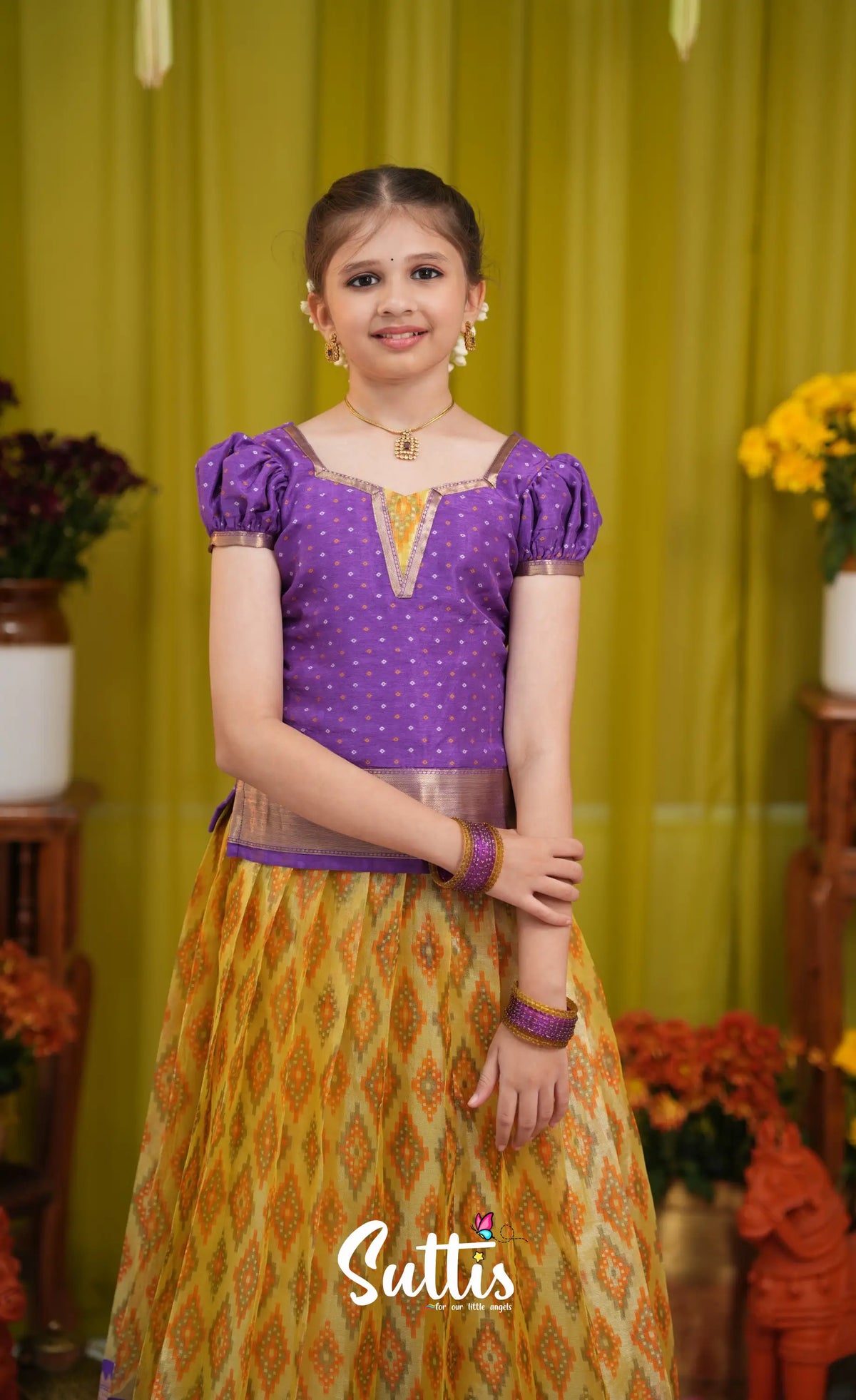 Organza Pavadai Sattai - Yellow and Purple - Kids-Suttis