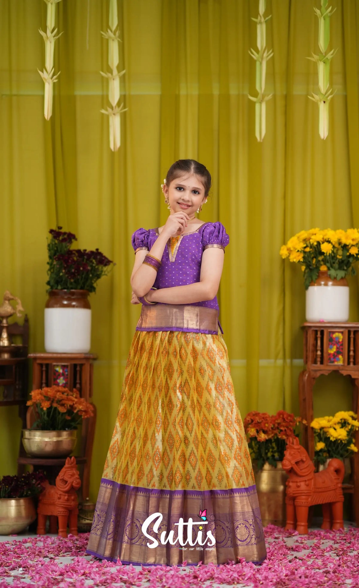 Organza Pavadai Sattai - Yellow and Purple - Kids-Suttis
