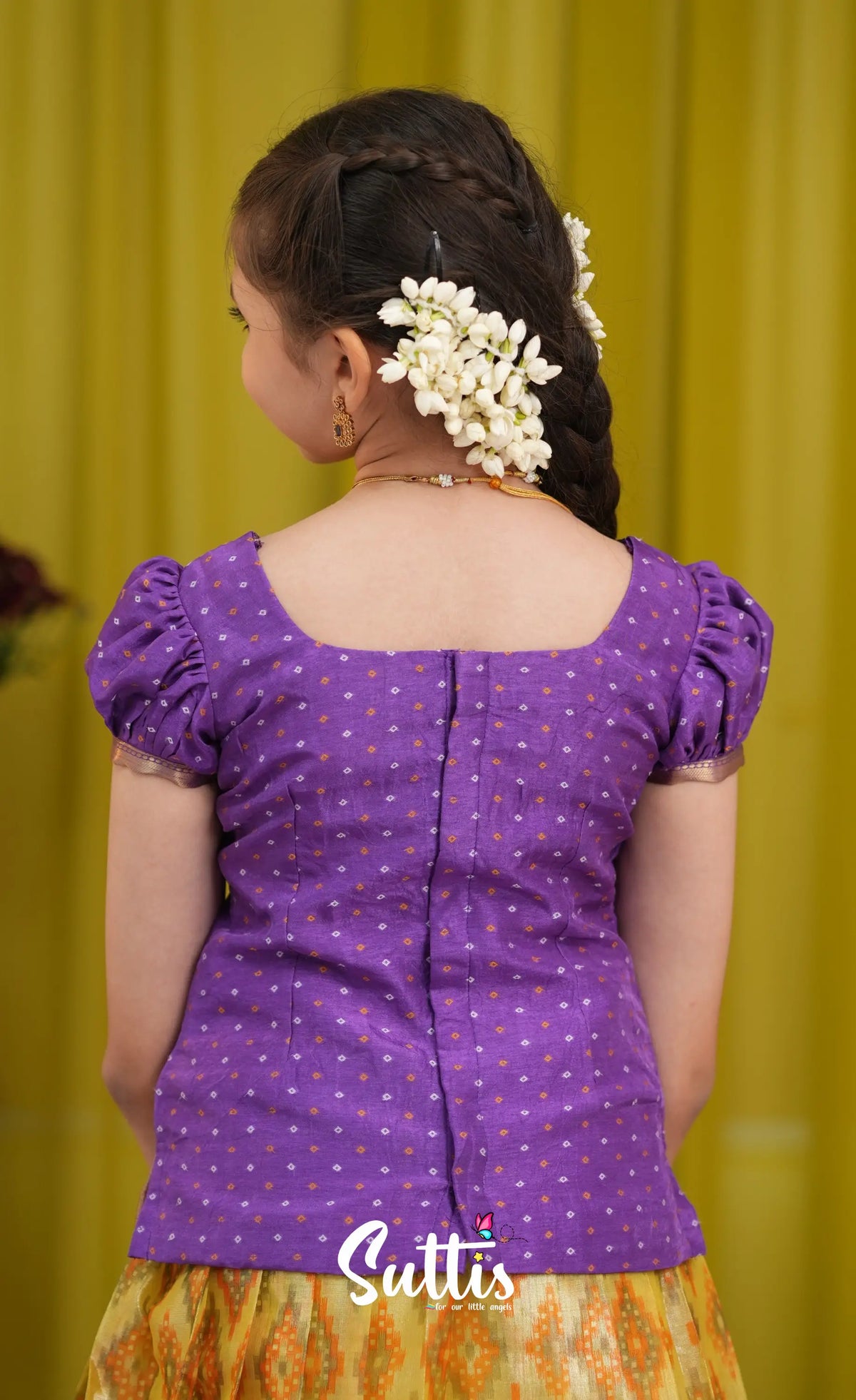 Organza Pavadai Sattai - Yellow and Purple - Kids-Suttis