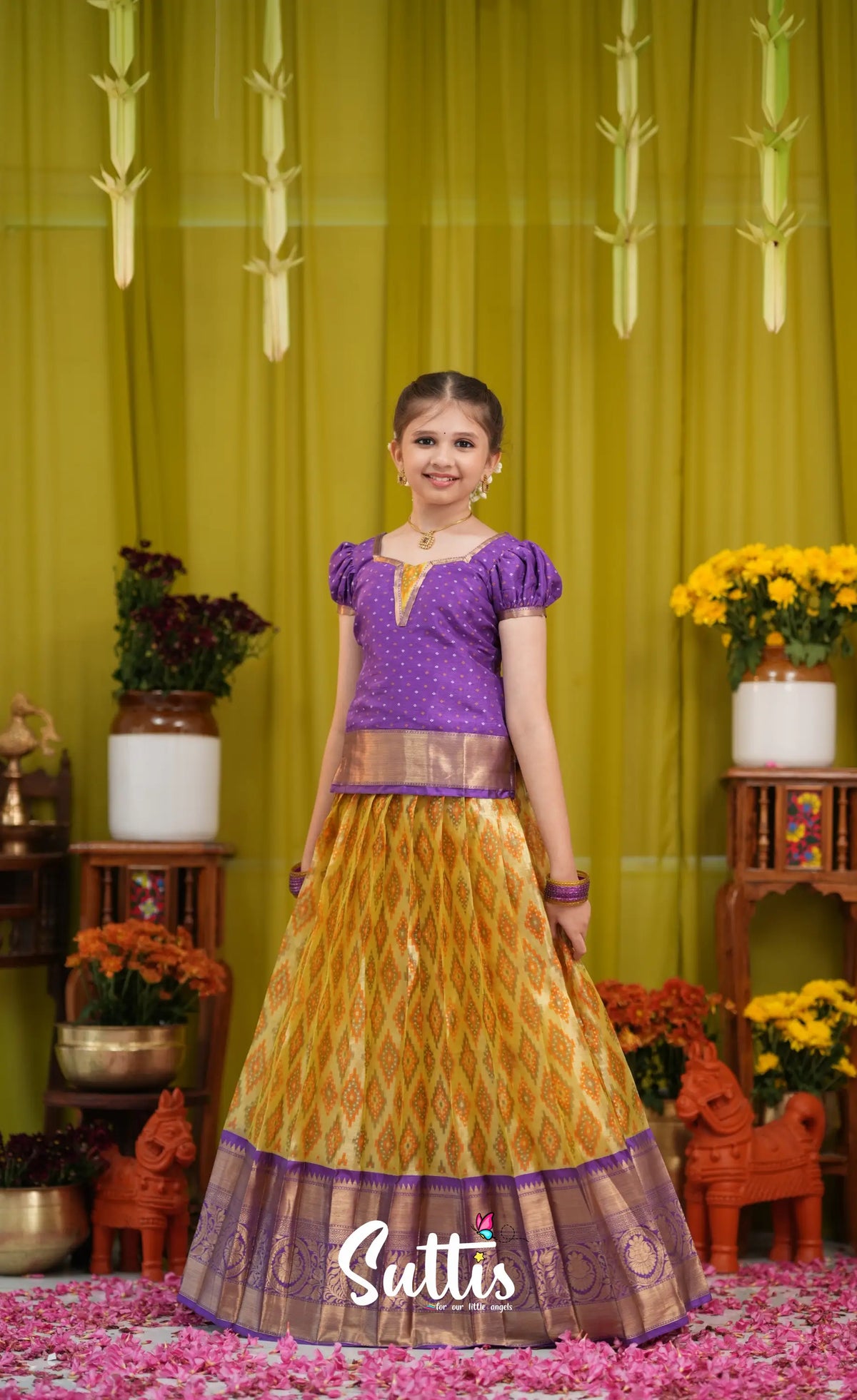 Organza Pavadai Sattai - Yellow and Purple - Kids-Suttis