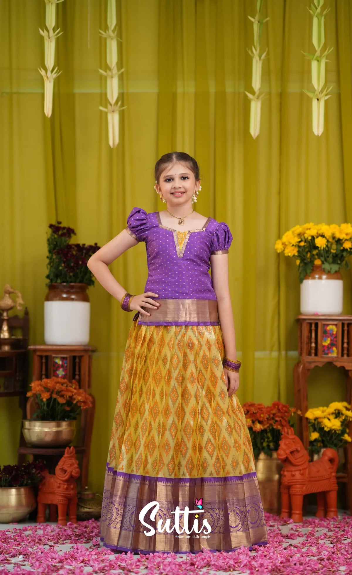 Organza Pavadai Sattai - Yellow and Purple - Kids-Suttis