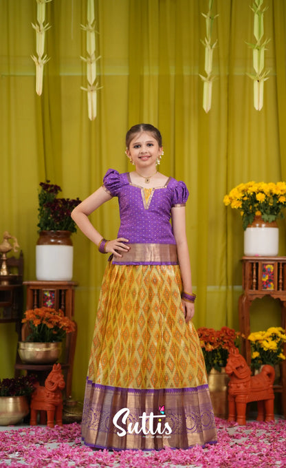Organza Pavadai Sattai - Yellow and Purple - Kids-Suttis