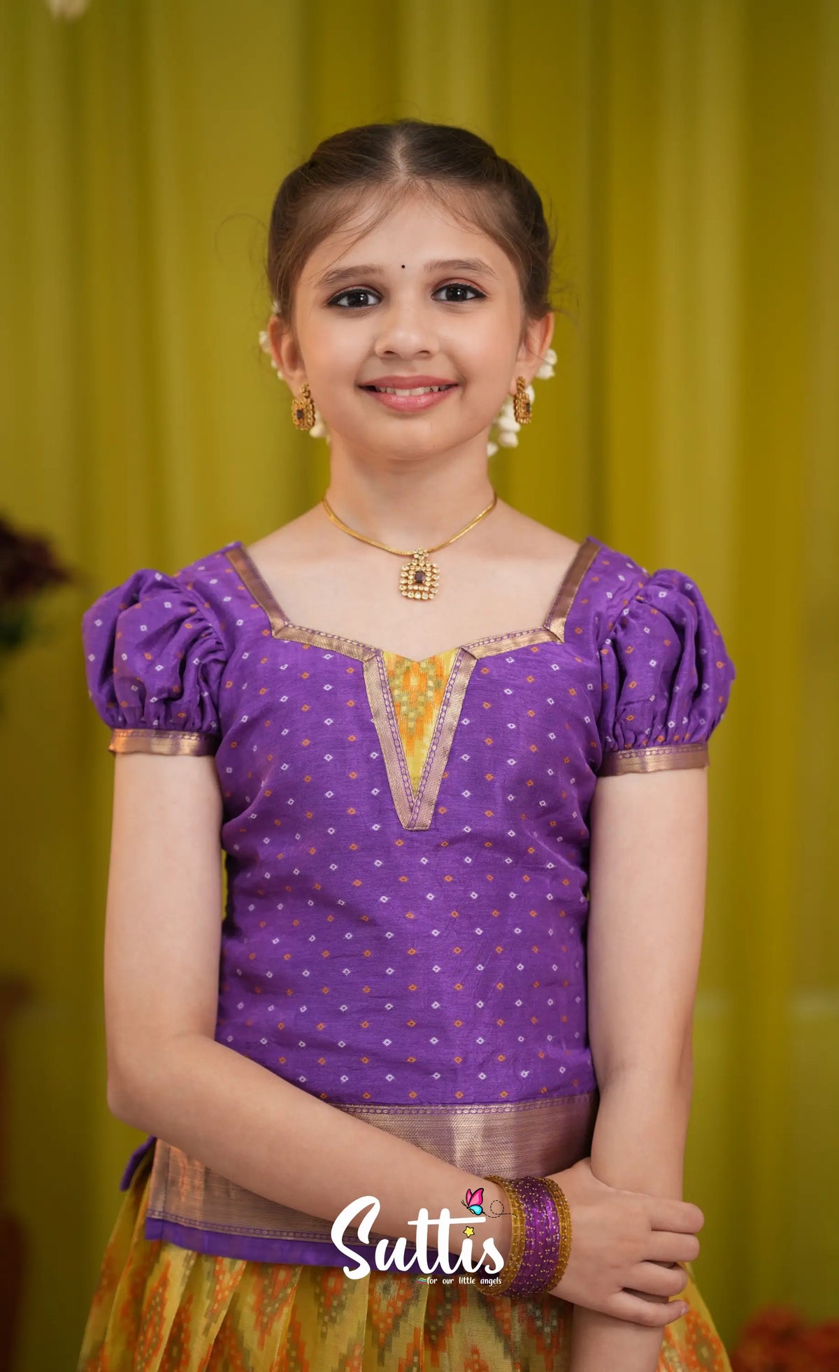 Organza Pavadai Sattai - Yellow and Purple - Kids-Suttis
