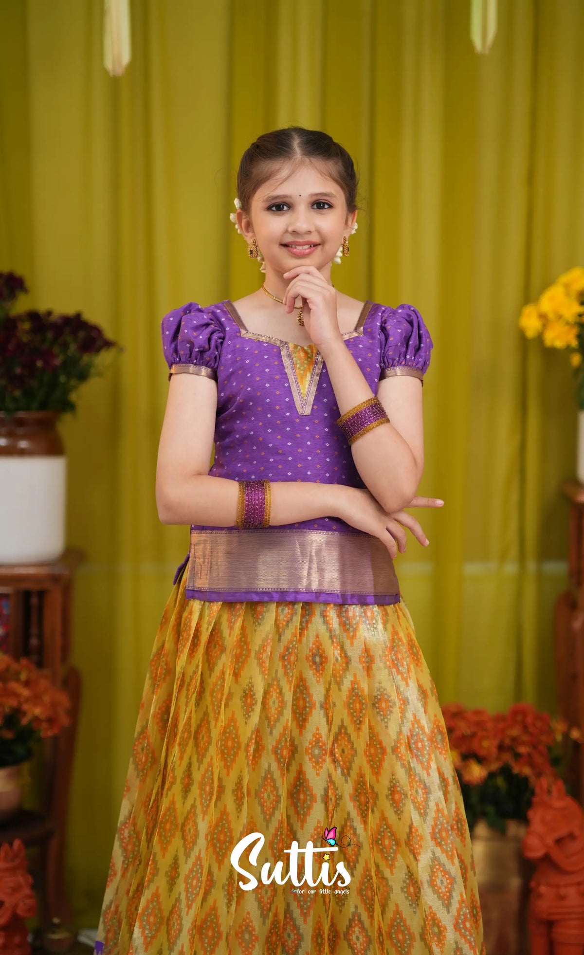 Organza Pavadai Sattai - Yellow and Purple - Kids-Suttis