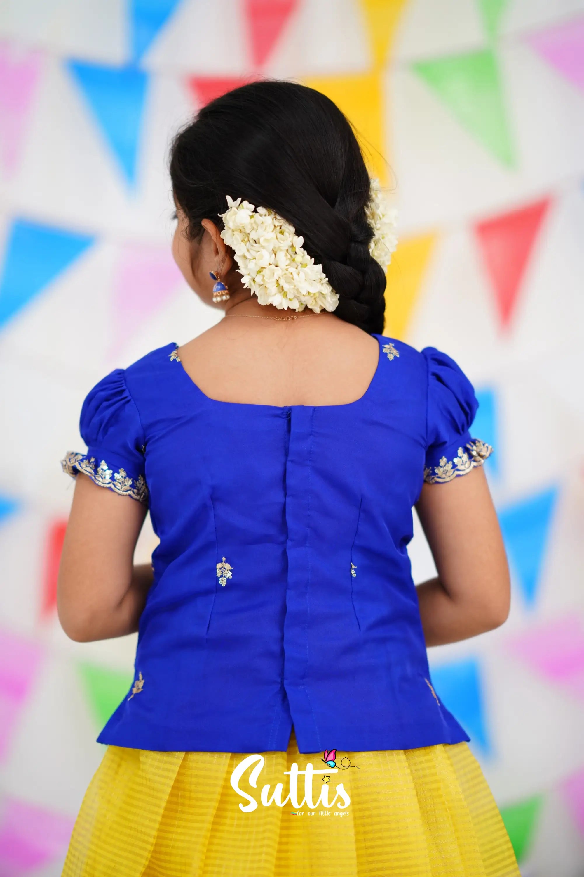 Organza Pavadai Sattai - Yellow And Royal Blue Kids-Suttis