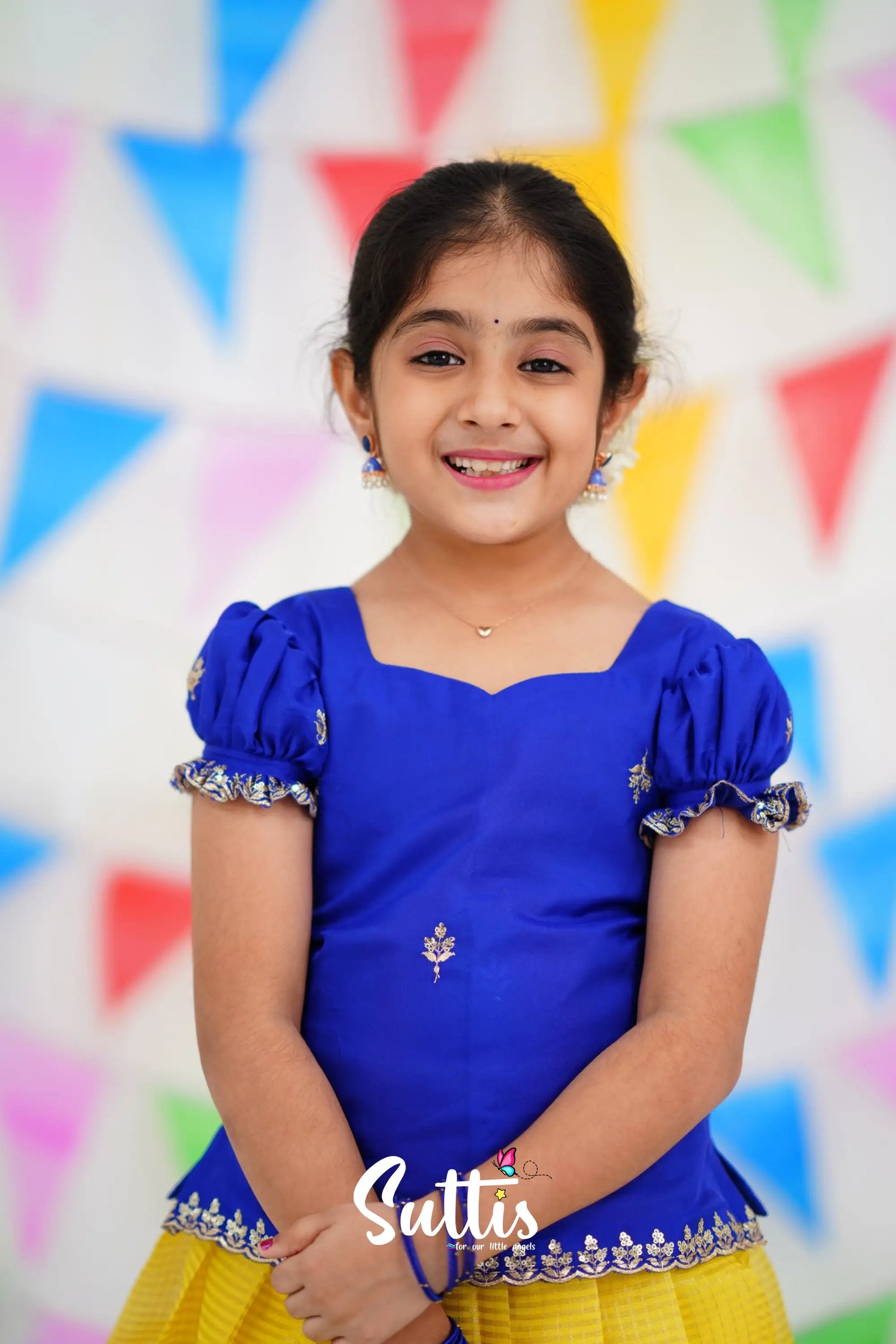 Organza Pavadai Sattai - Yellow And Royal Blue Kids-Suttis