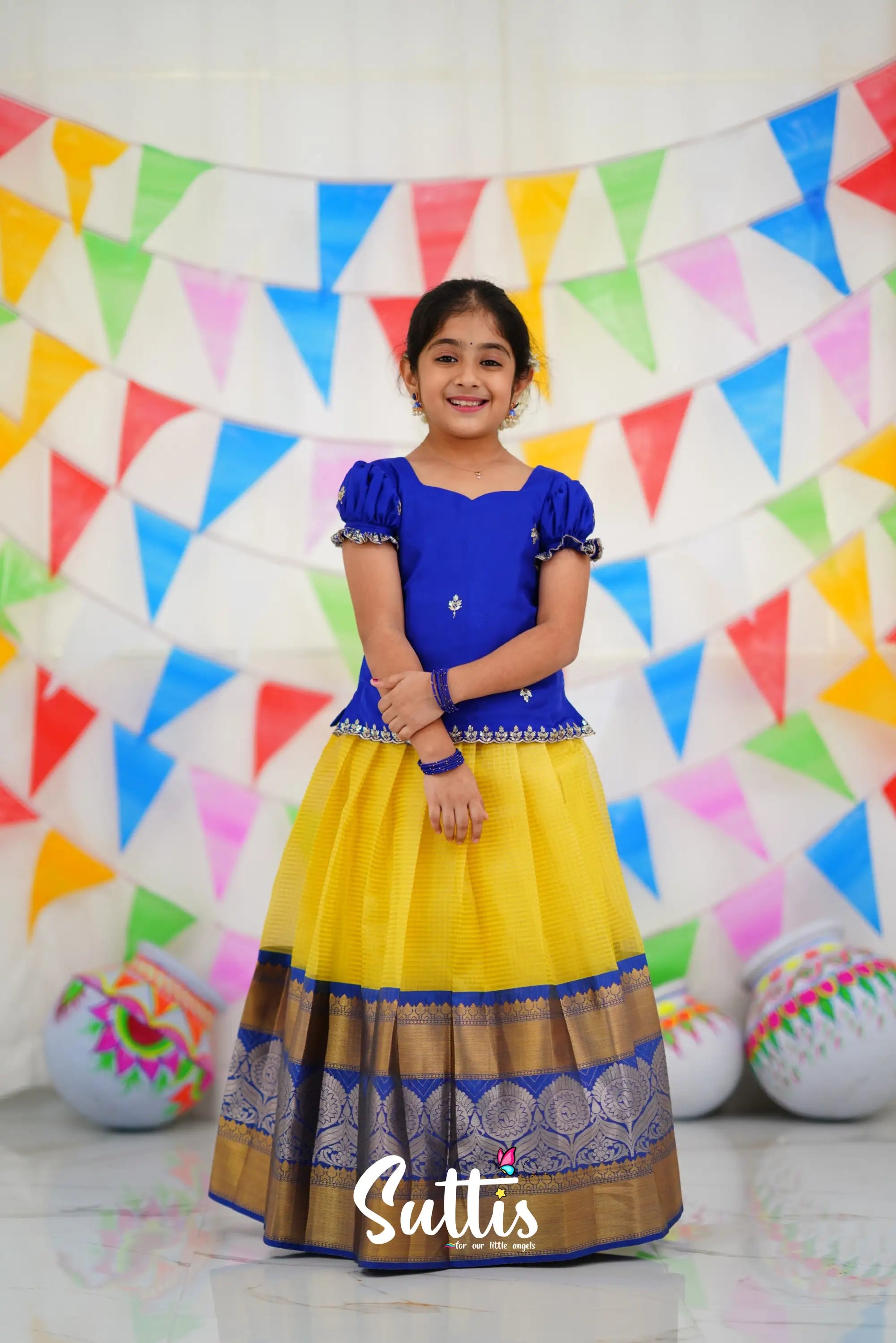 Organza Pavadai Sattai - Yellow And Royal Blue Kids-Suttis