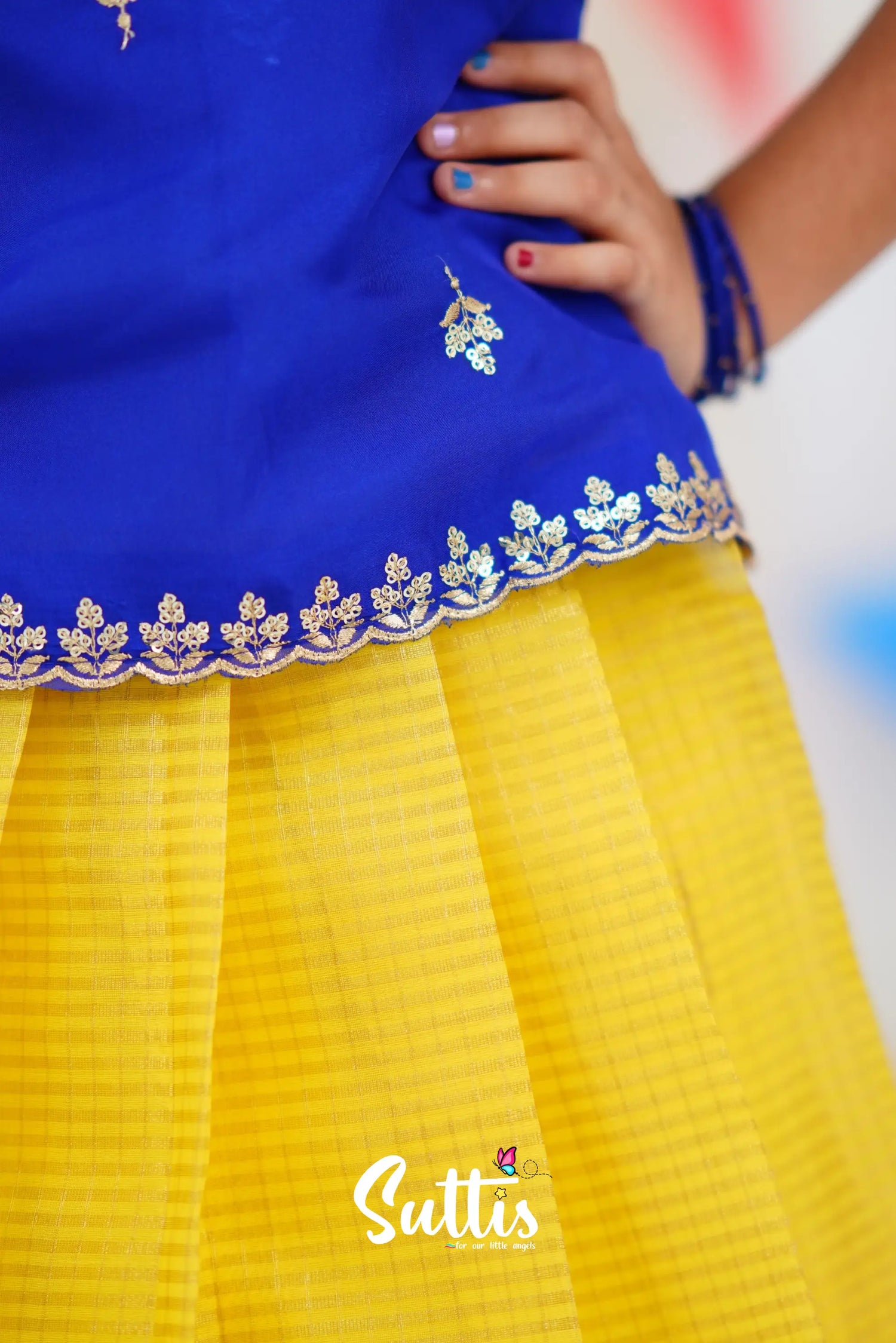 Organza Pavadai Sattai - Yellow And Royal Blue Kids-Suttis