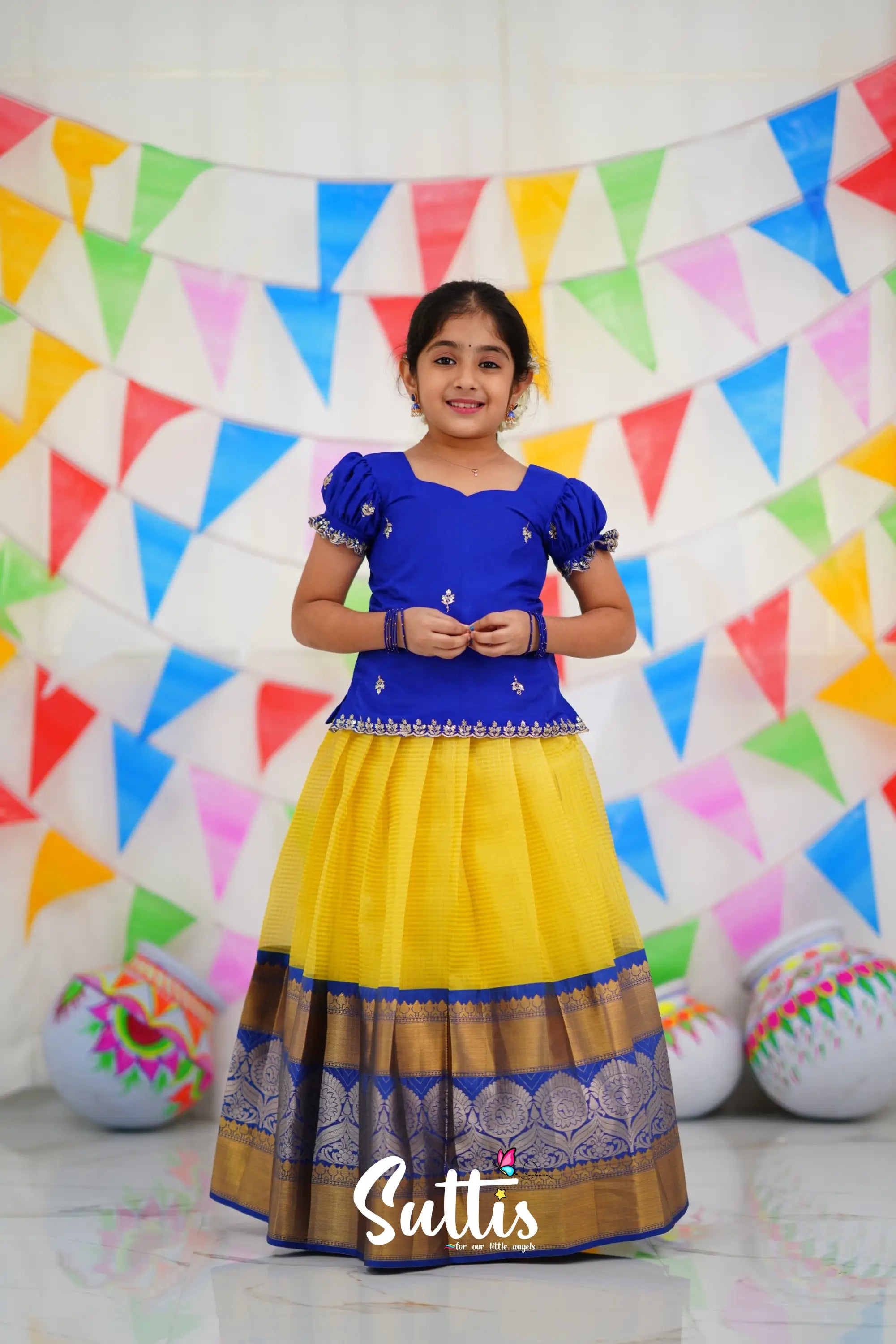 Organza Pavadai Sattai - Yellow And Royal Blue Kids-Suttis